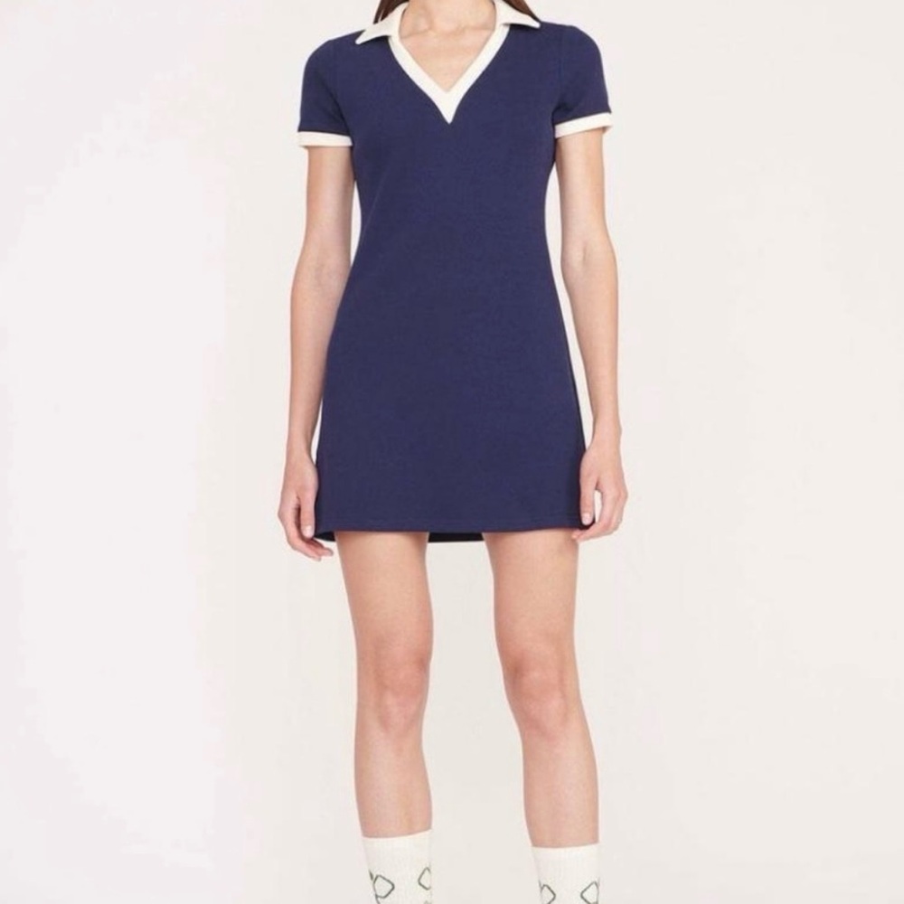 Staud Court Volley Mini‎ Dress Women’s Size Medium Preppy Collar Navy Blue White